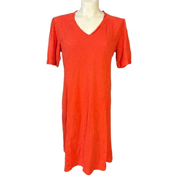 EILEEN FISHER Geranium Orange Organic Cotton Hemp Twist Knit V-Neck Dress S - Picture 2 of 4